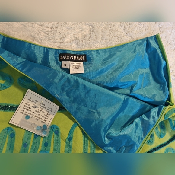 Anthropologie Basil & Maude Size 12 A-Line Full Skirt Beaded Sequins Green Blue - Picture 6 of 7